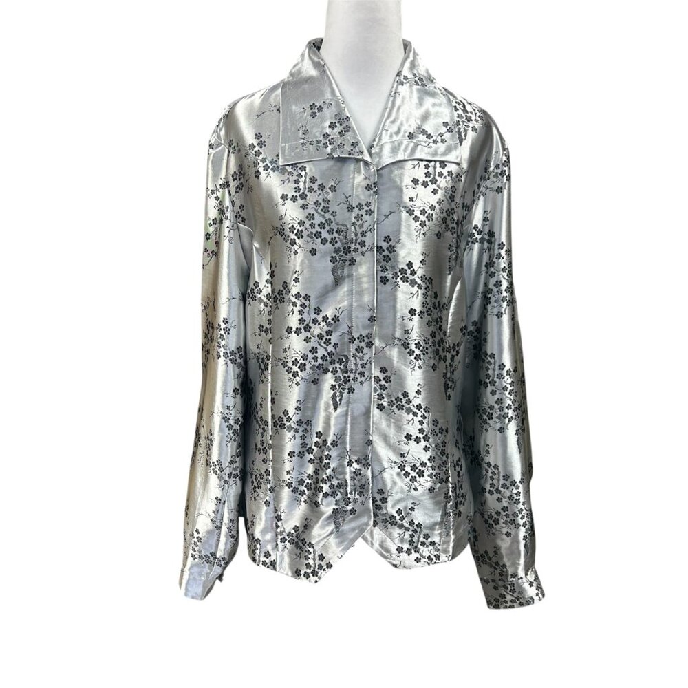 Vintage Liz Baker Cherry Blossom Embroidered Exaggerated Collar Blouse 12 Tall
